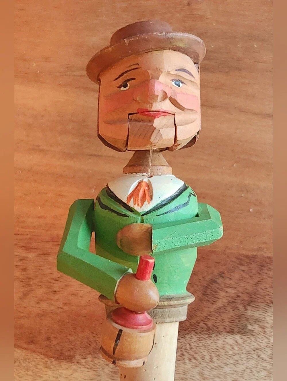 Vintage ANRI Hand Carved Folk Art Wooden Pull-String Cork Bottle Stopper